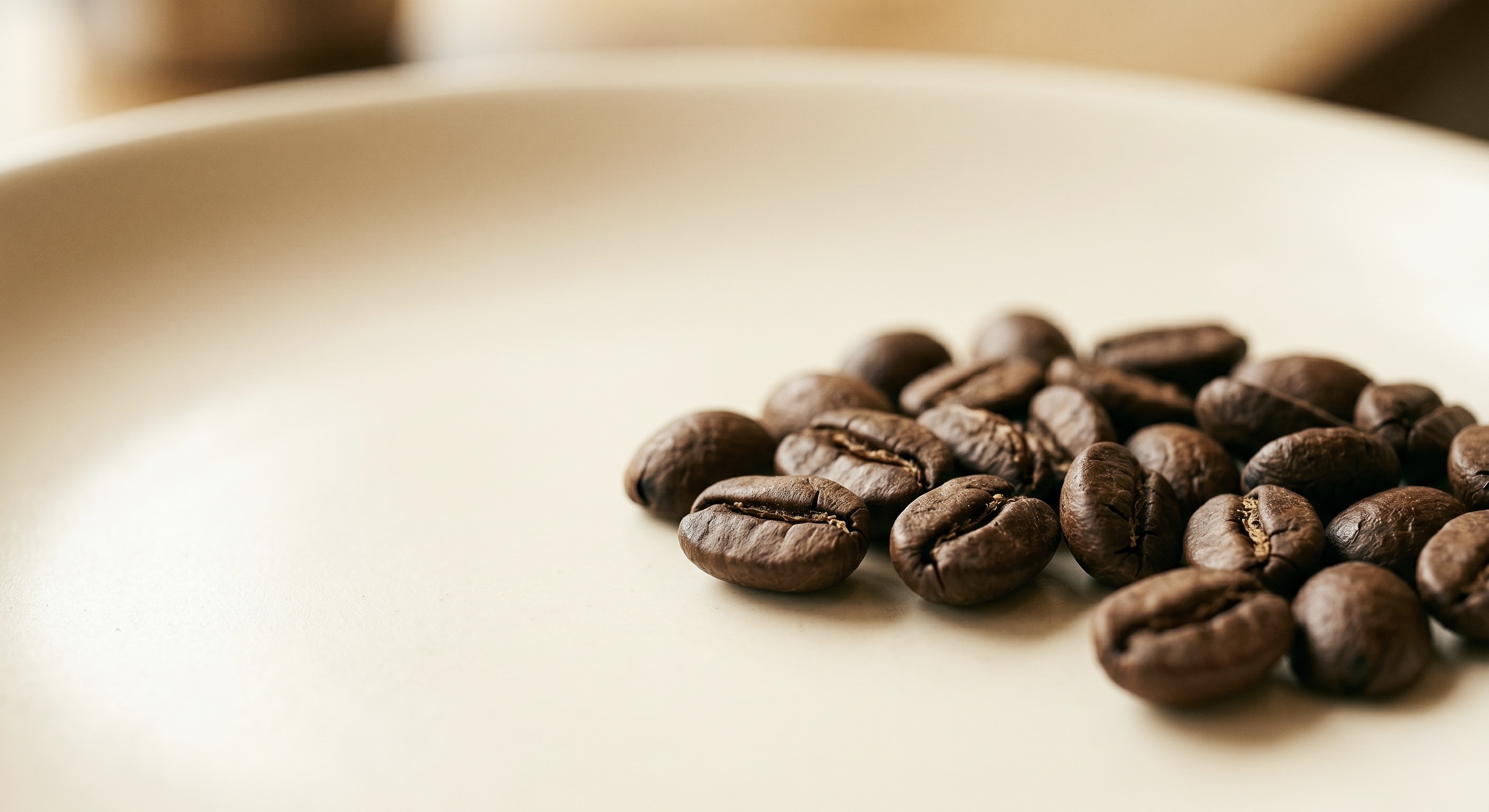 Freshly roasted coffee beans resting on a cream plate