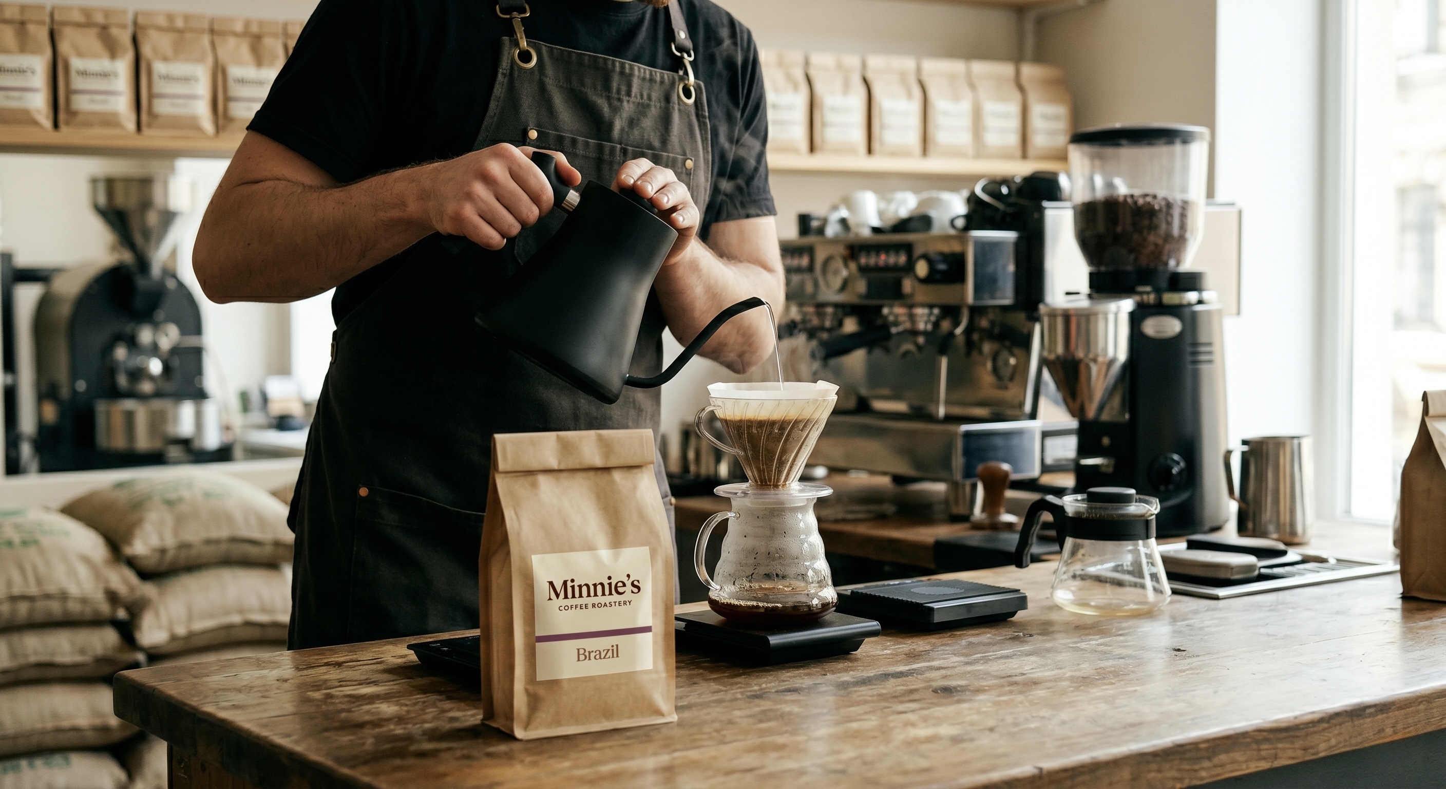 A barista preparing coffee at the bar in Minnie's coffee house