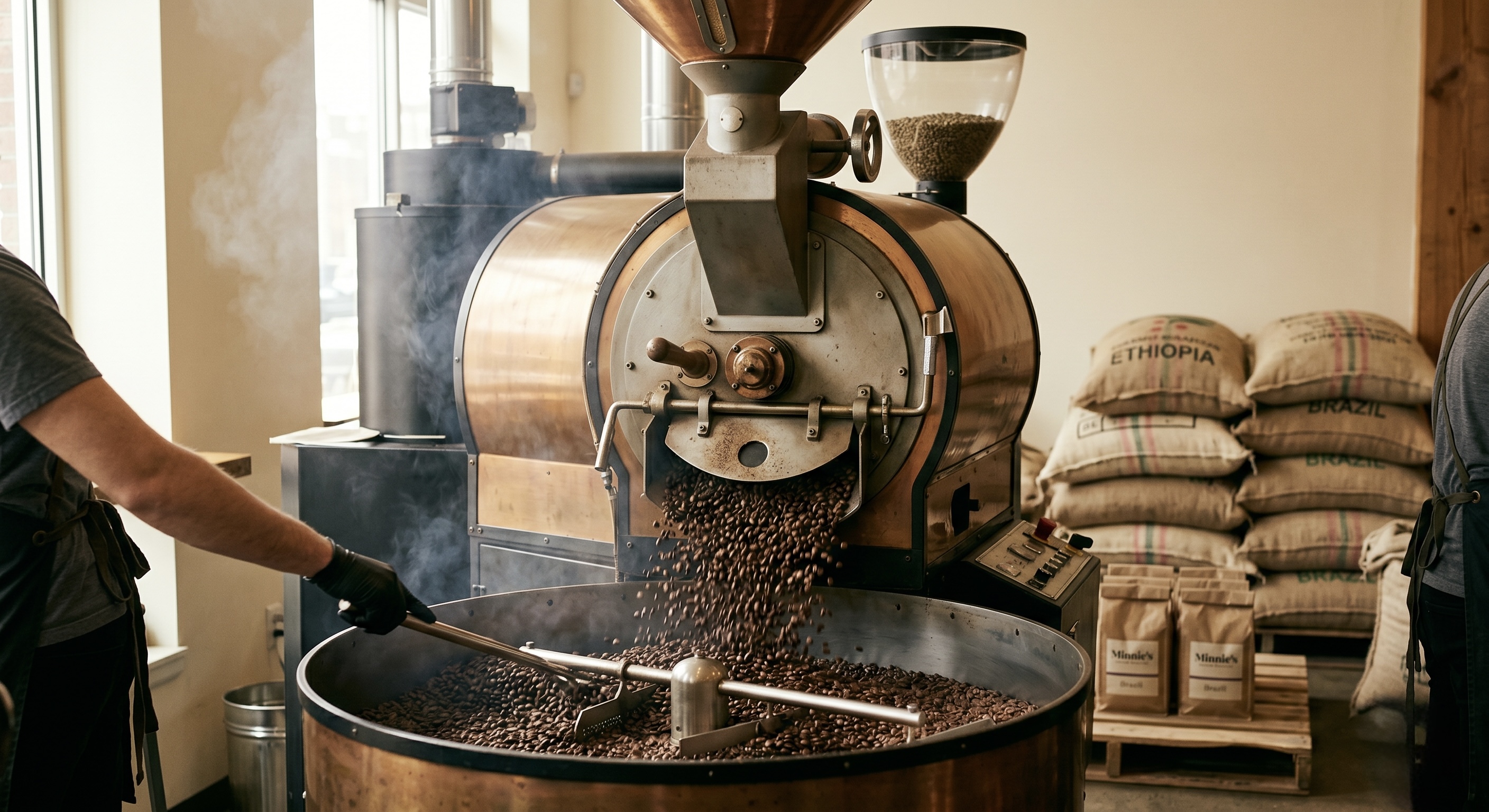Coffee roasting in the drum roaster at Minnie's